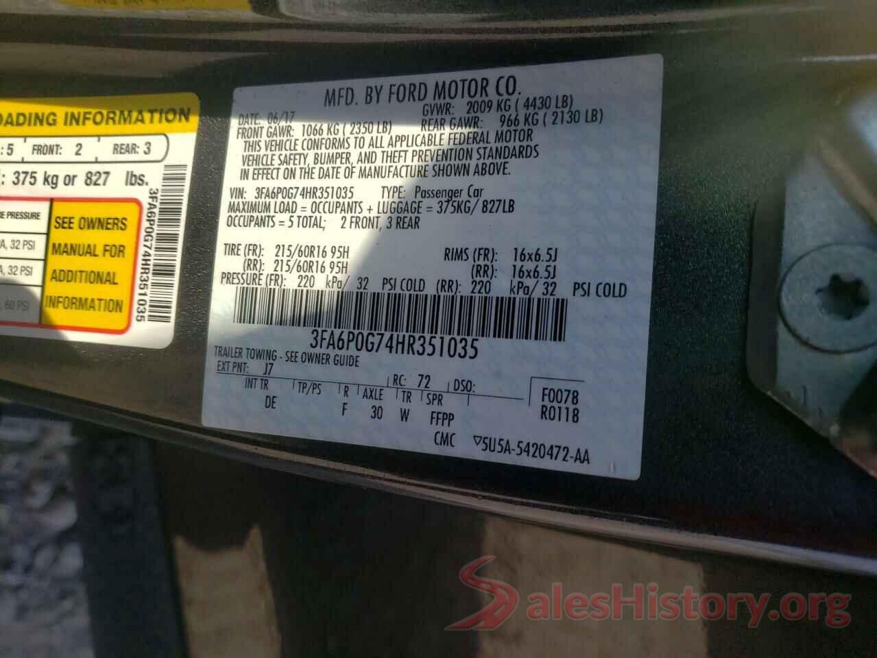 3FA6P0G74HR351035 2017 FORD FUSION