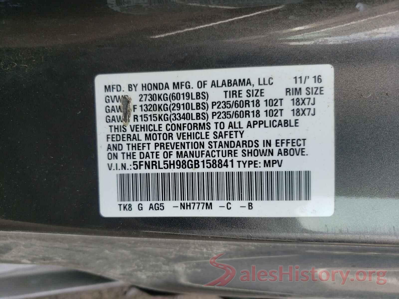 5FNRL5H98GB158841 2016 HONDA ODYSSEY