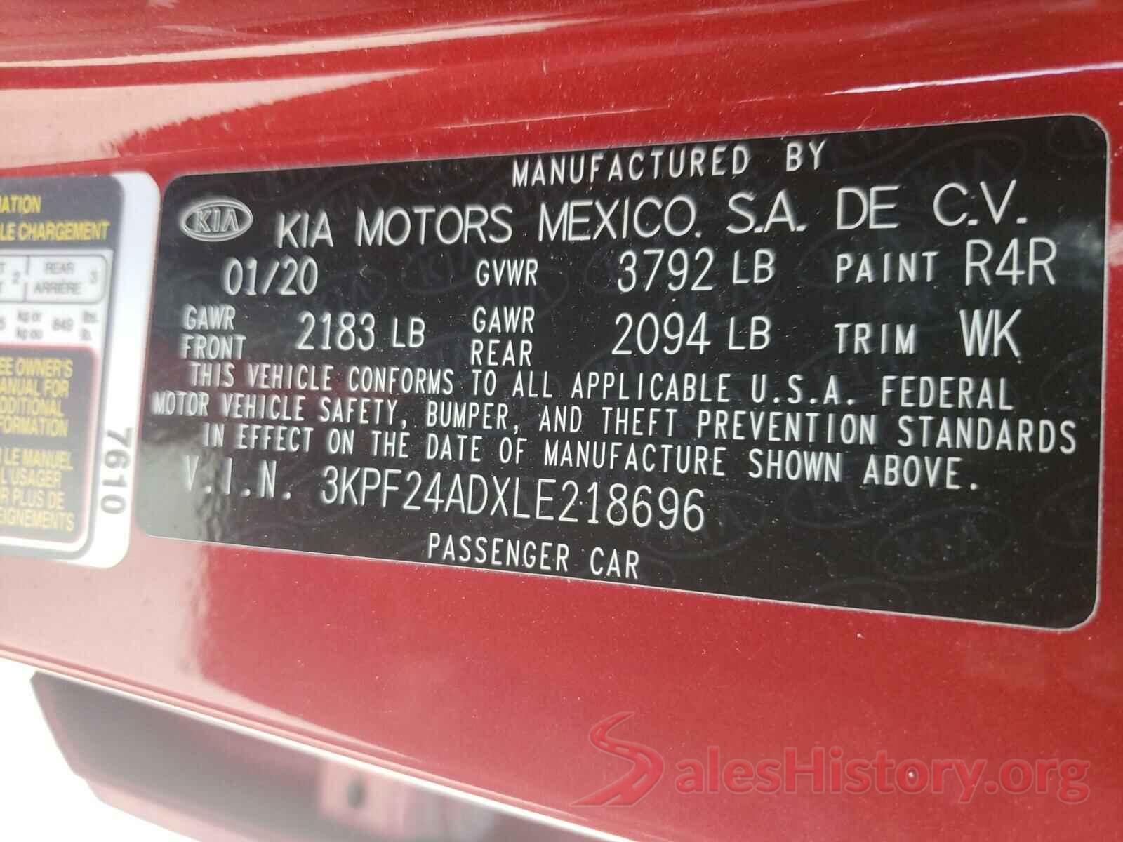 3KPF24ADXLE218696 2020 KIA FORTE