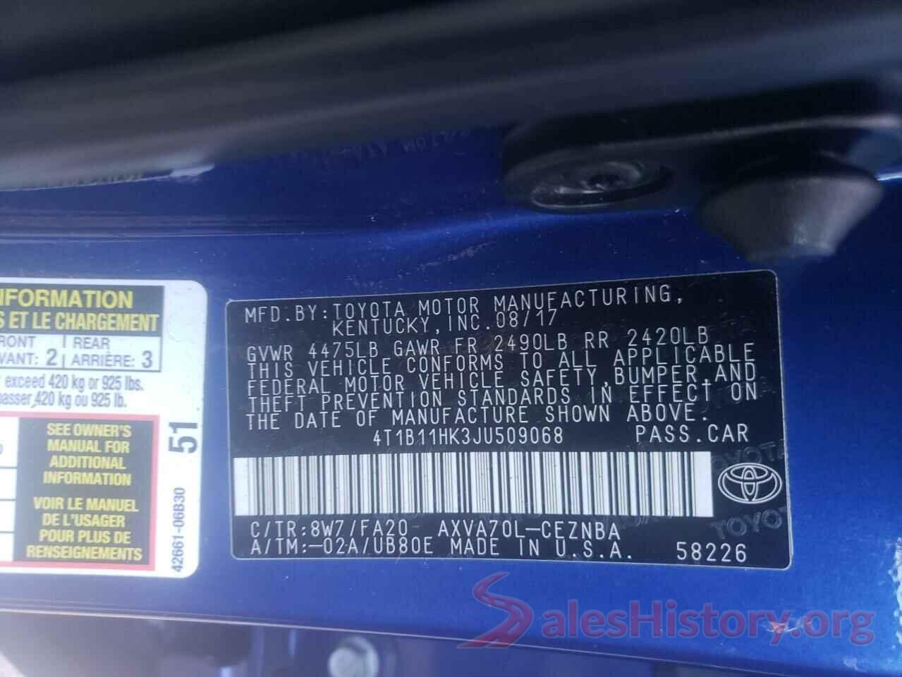 4T1B11HK3JU509068 2018 TOYOTA CAMRY