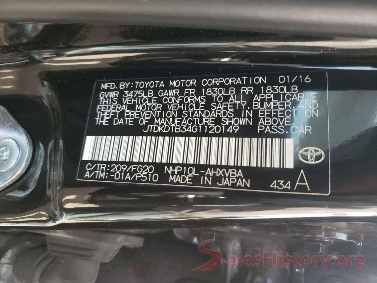 JTDKDTB34G1120149 2016 TOYOTA PRIUS