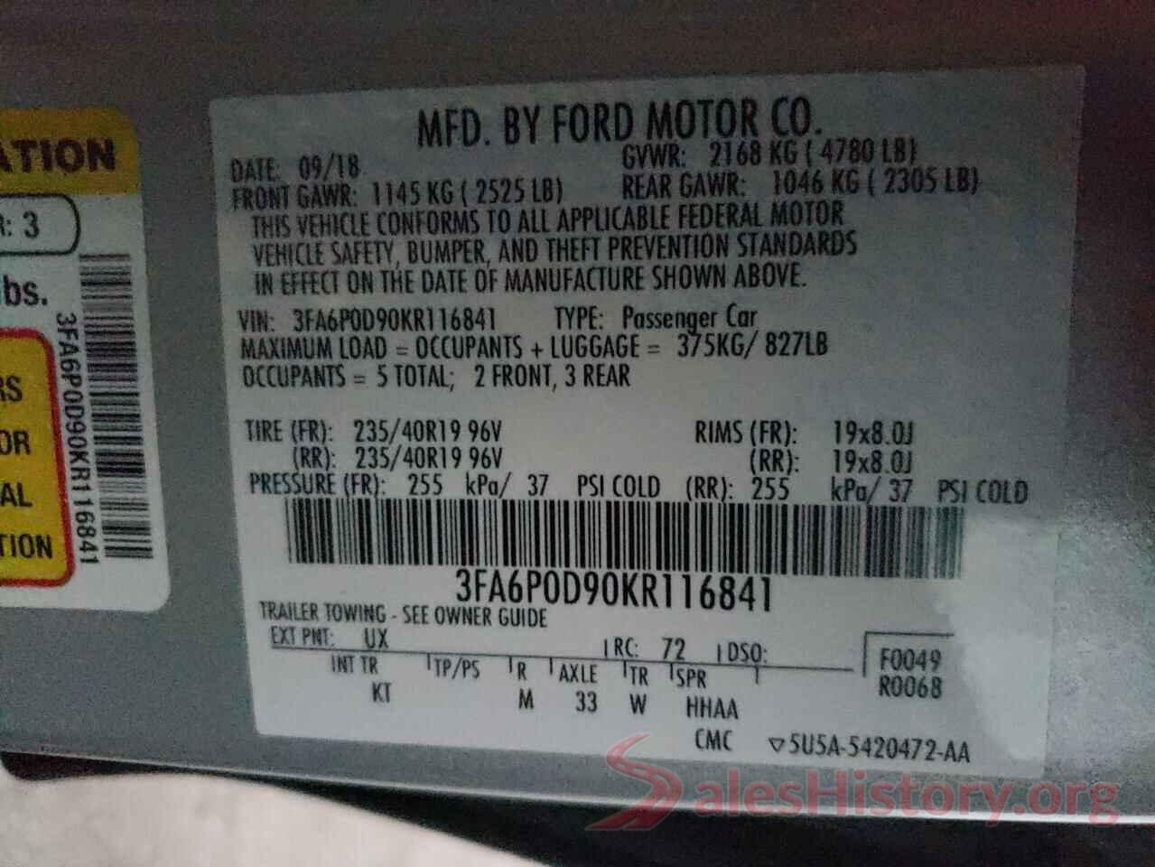 3FA6P0D90KR116841 2019 FORD FUSION