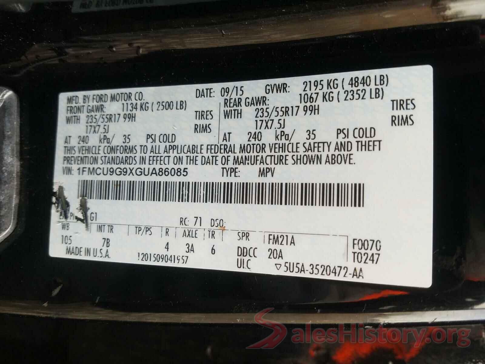 1FMCU9G9XGUA86085 2016 FORD ESCAPE