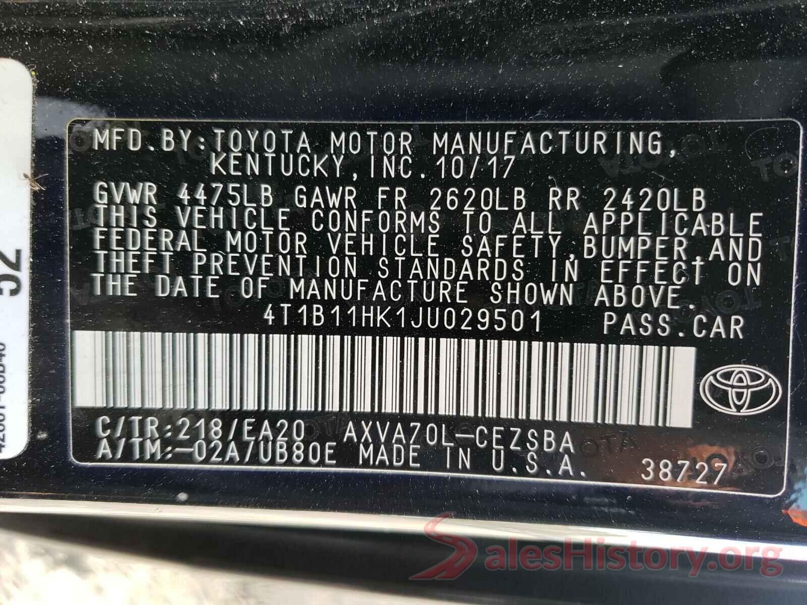 4T1B11HK1JU029501 2018 TOYOTA CAMRY