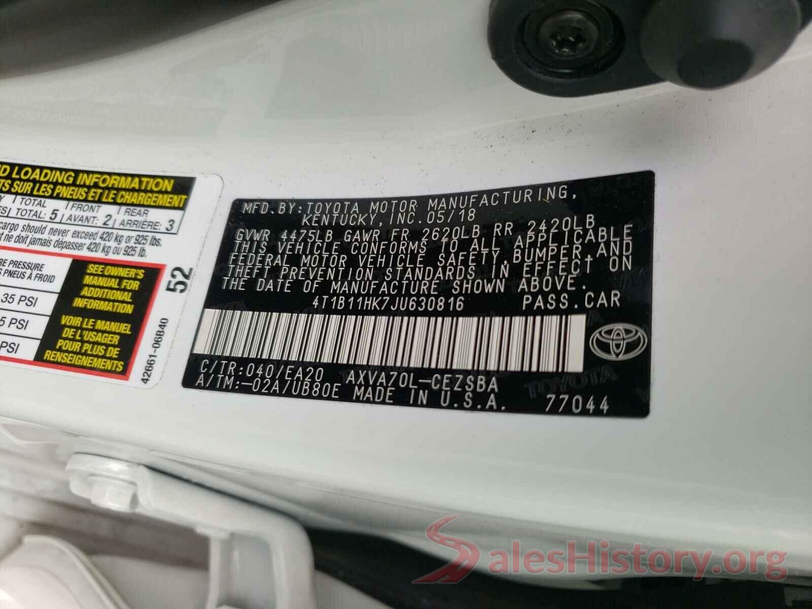 4T1B11HK7JU630816 2018 TOYOTA CAMRY