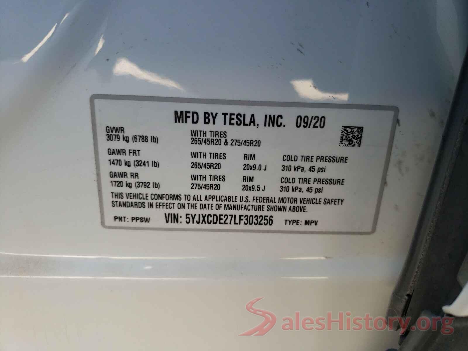 5YJXCDE27LF303256 2020 TESLA MODEL X