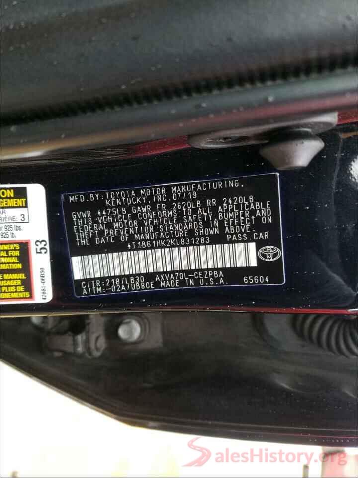 4T1B61HK2KU831283 2019 TOYOTA CAMRY