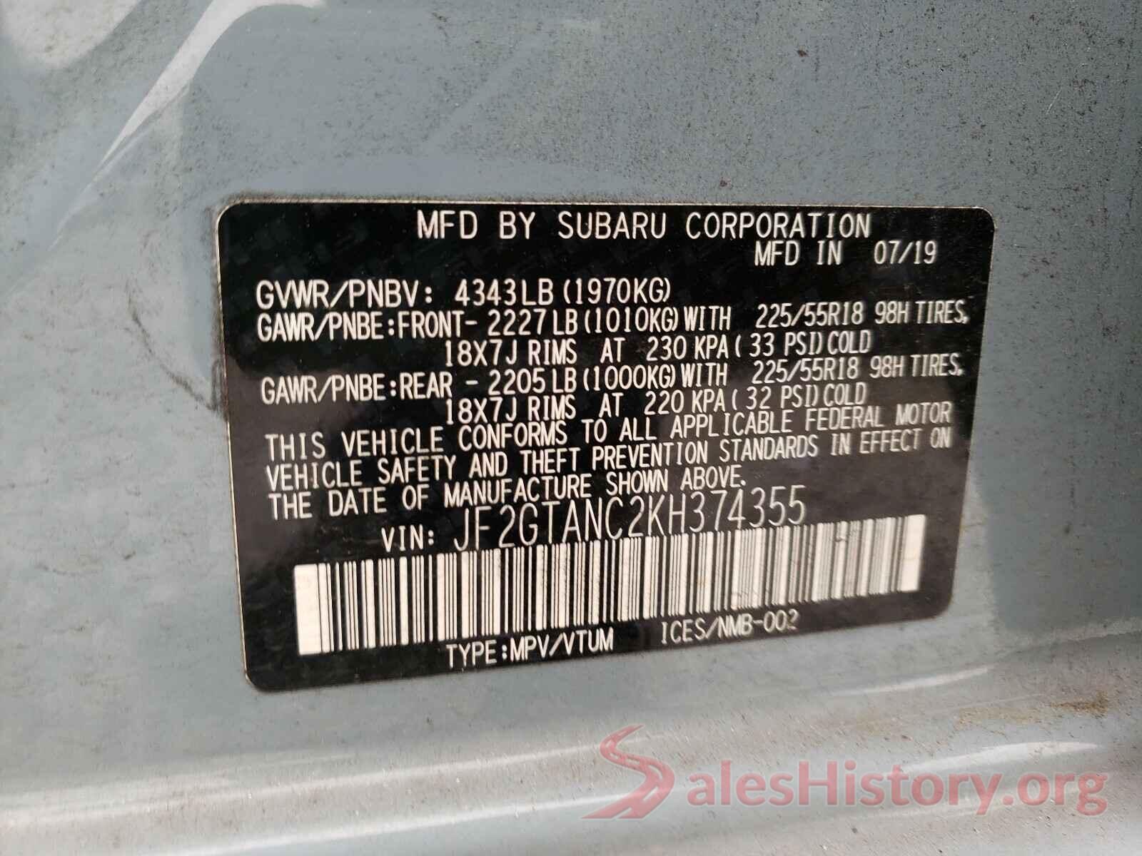 JF2GTANC2KH374355 2019 SUBARU ALL OTHER