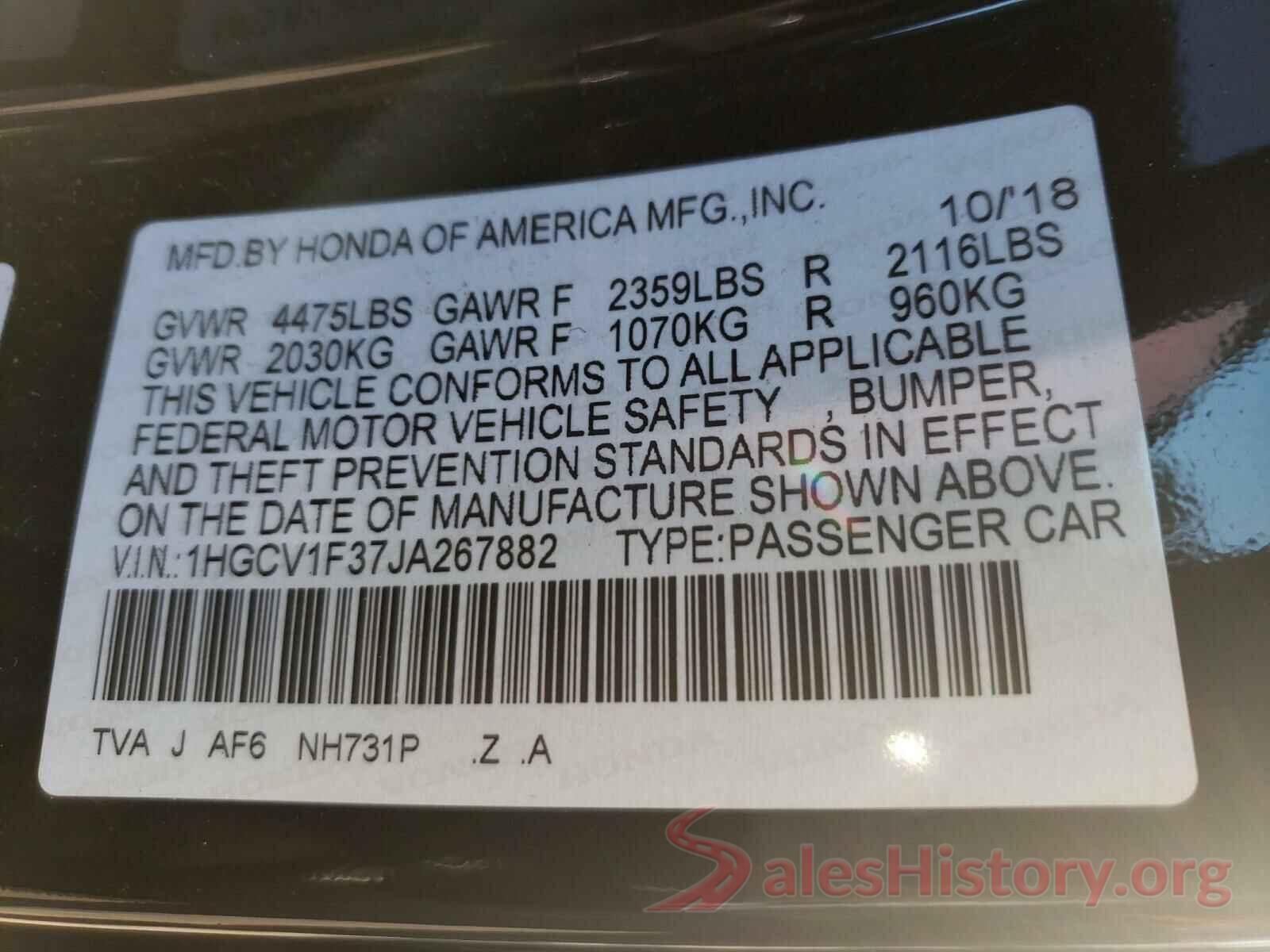 1HGCV1F37JA267882 2018 HONDA ACCORD