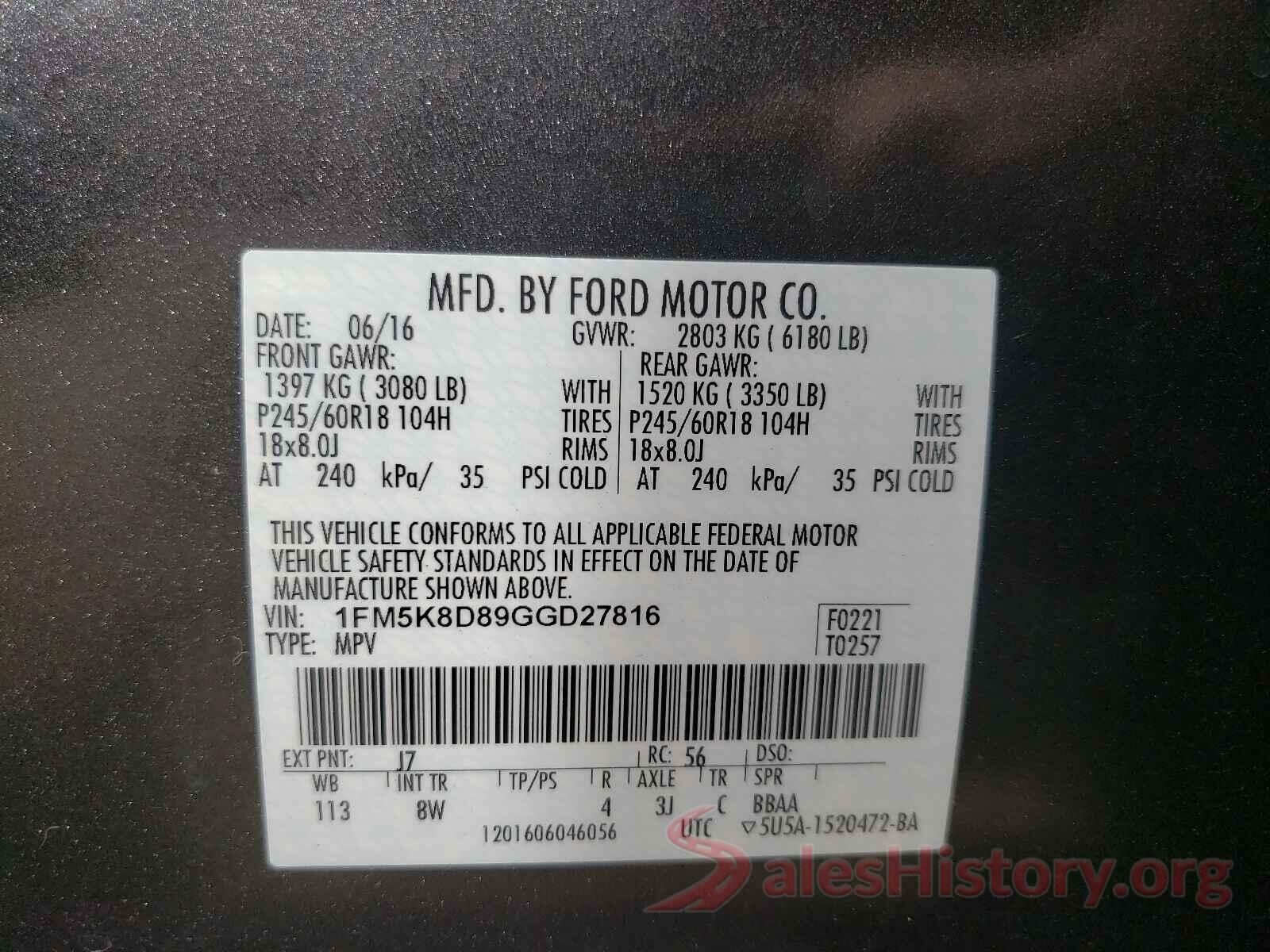 1FM5K8D89GGD27816 2016 FORD EXPLORER