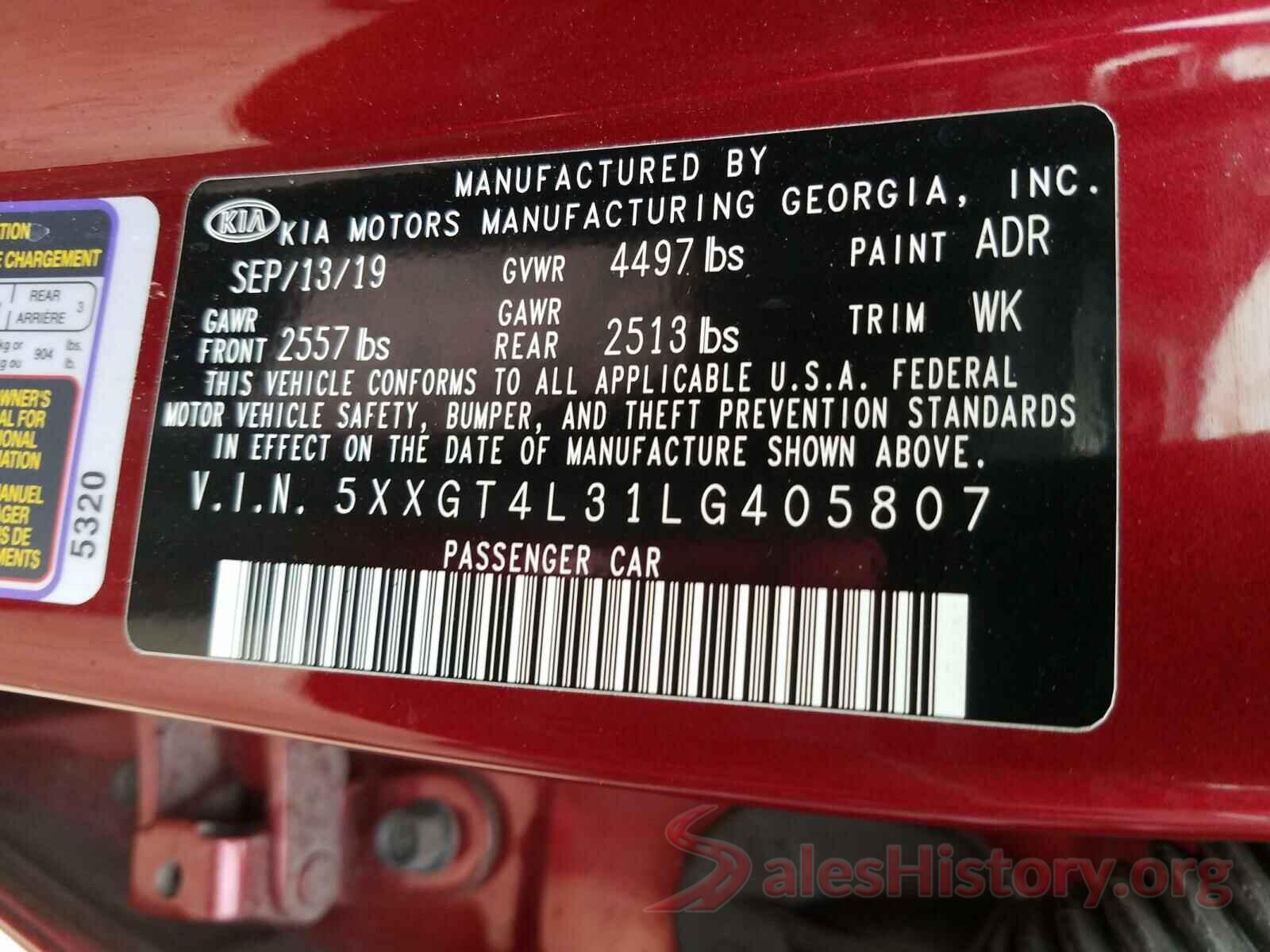 5XXGT4L31LG405807 2020 KIA OPTIMA