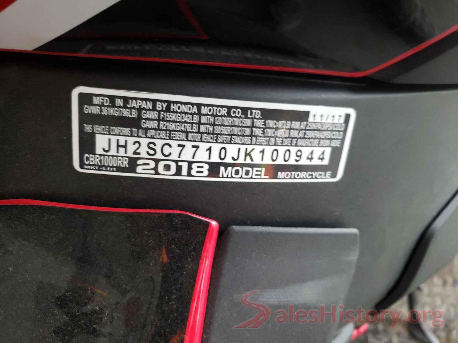 JH2SC7710JK100944 2018 HONDA CBR CYCLE