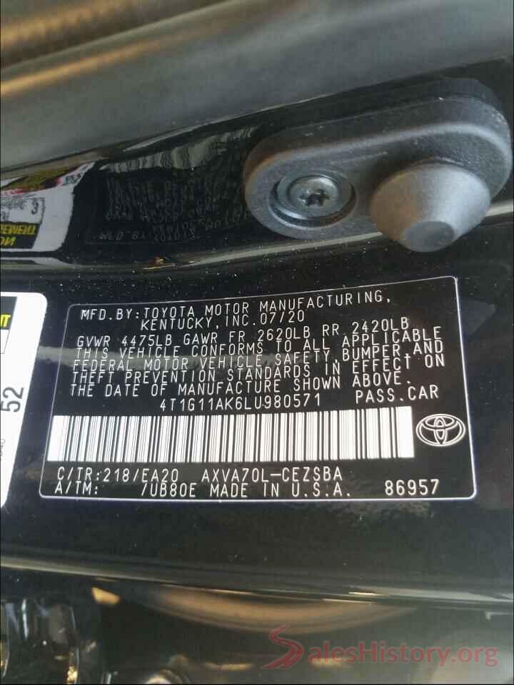 4T1G11AK6LU980571 2020 TOYOTA CAMRY