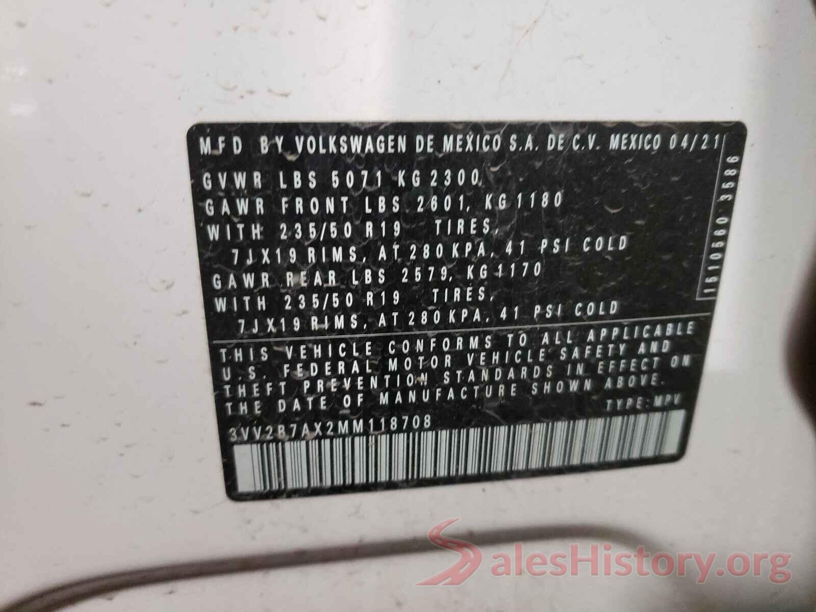 3VV2B7AX2MM118708 2021 VOLKSWAGEN TIGUAN