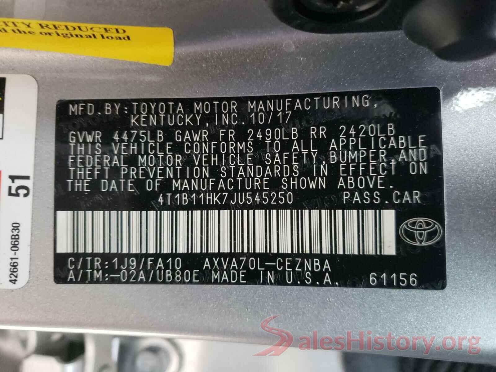 4T1B11HK7JU545250 2018 TOYOTA CAMRY