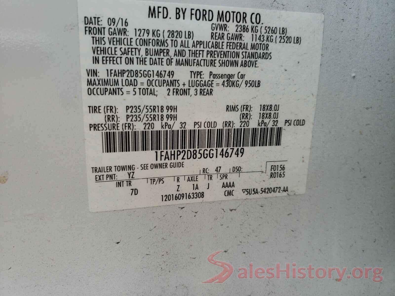 1FAHP2D85GG146749 2016 FORD TAURUS