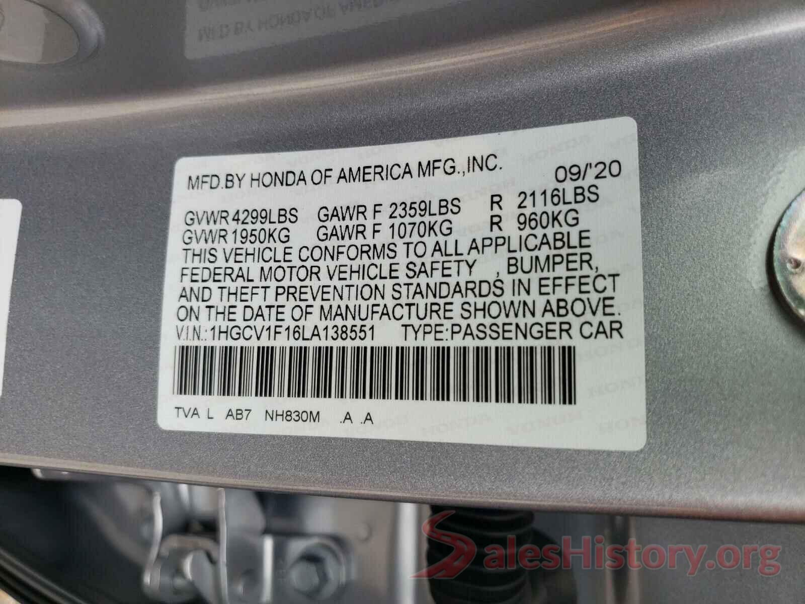 1HGCV1F16LA138551 2020 HONDA ACCORD