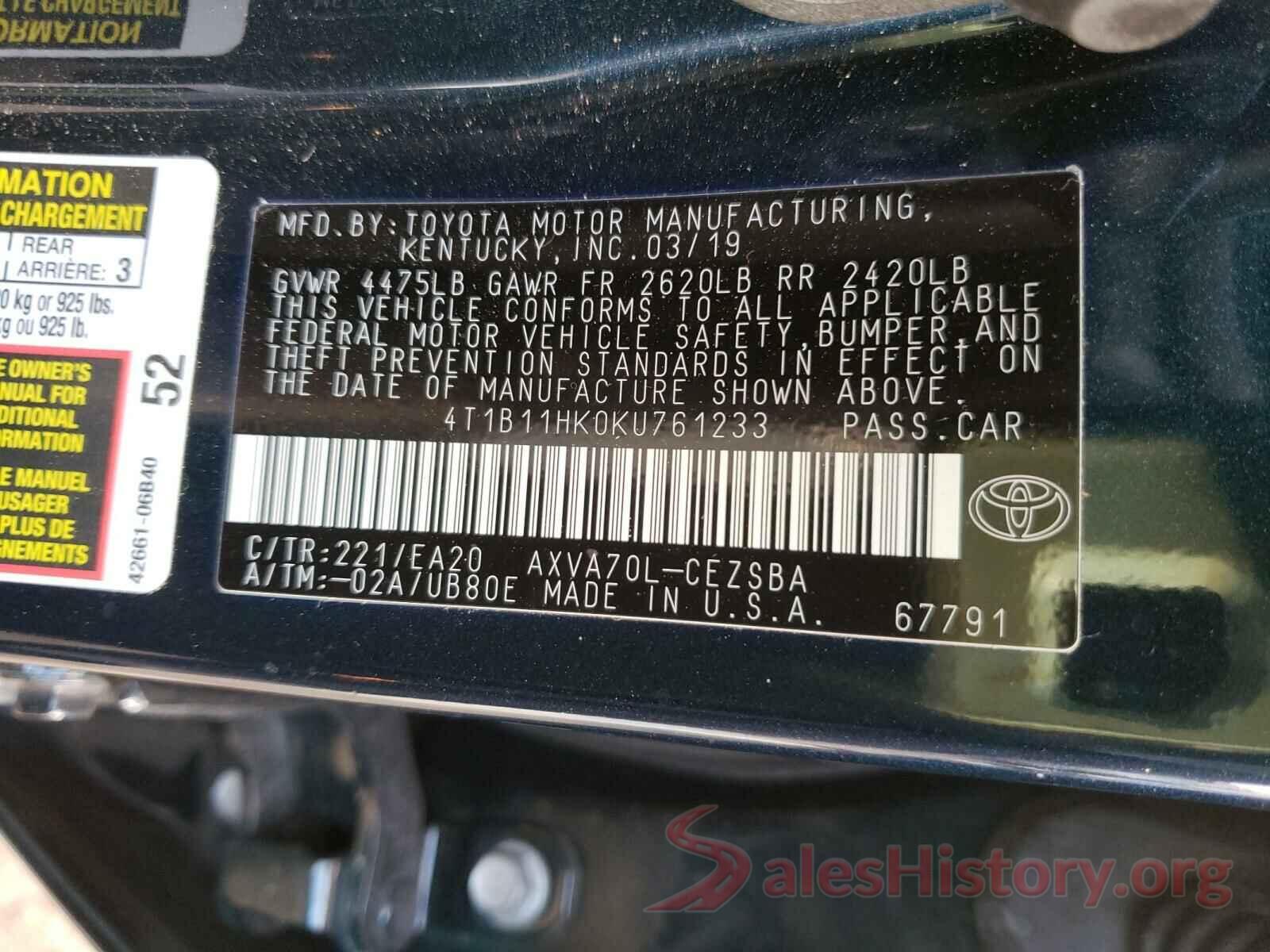 4T1B11HK0KU761233 2019 TOYOTA CAMRY