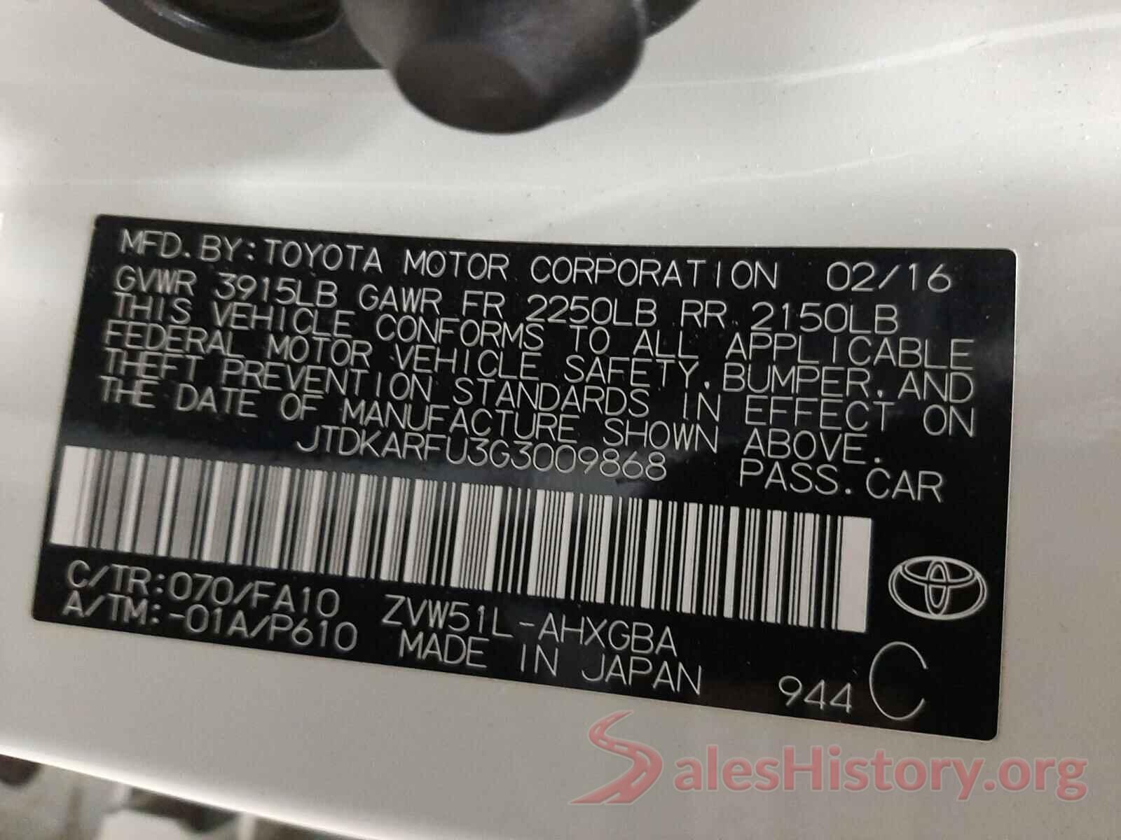 JTDKARFU3G3009868 2016 TOYOTA PRIUS