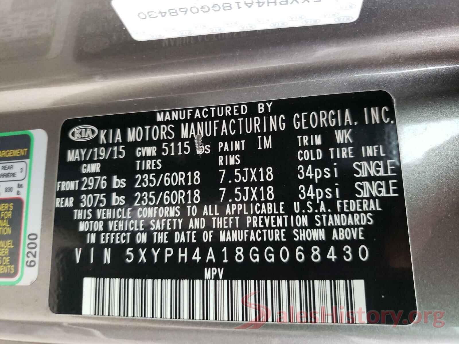 5XYPH4A18GG068430 2016 KIA SORENTO