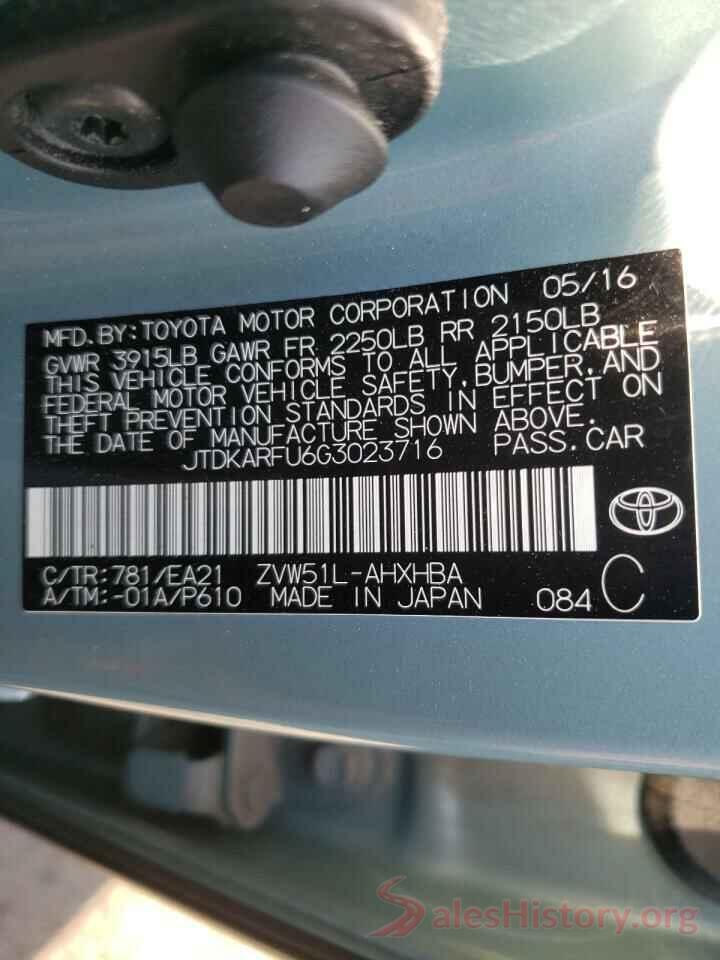 JTDKARFU6G3023716 2016 TOYOTA PRIUS