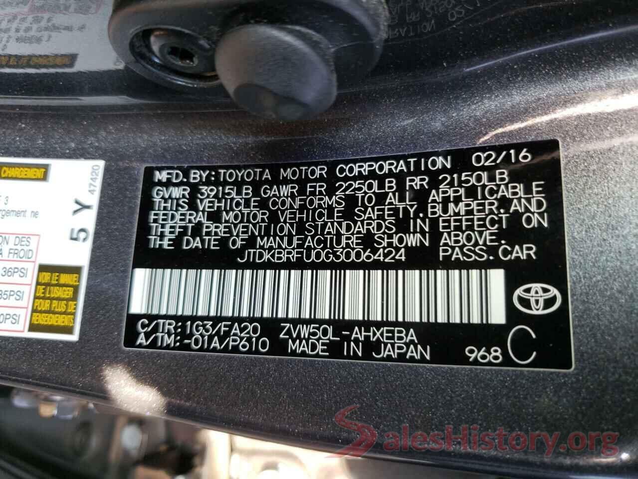 JTDKBRFU0G3006424 2016 TOYOTA PRIUS