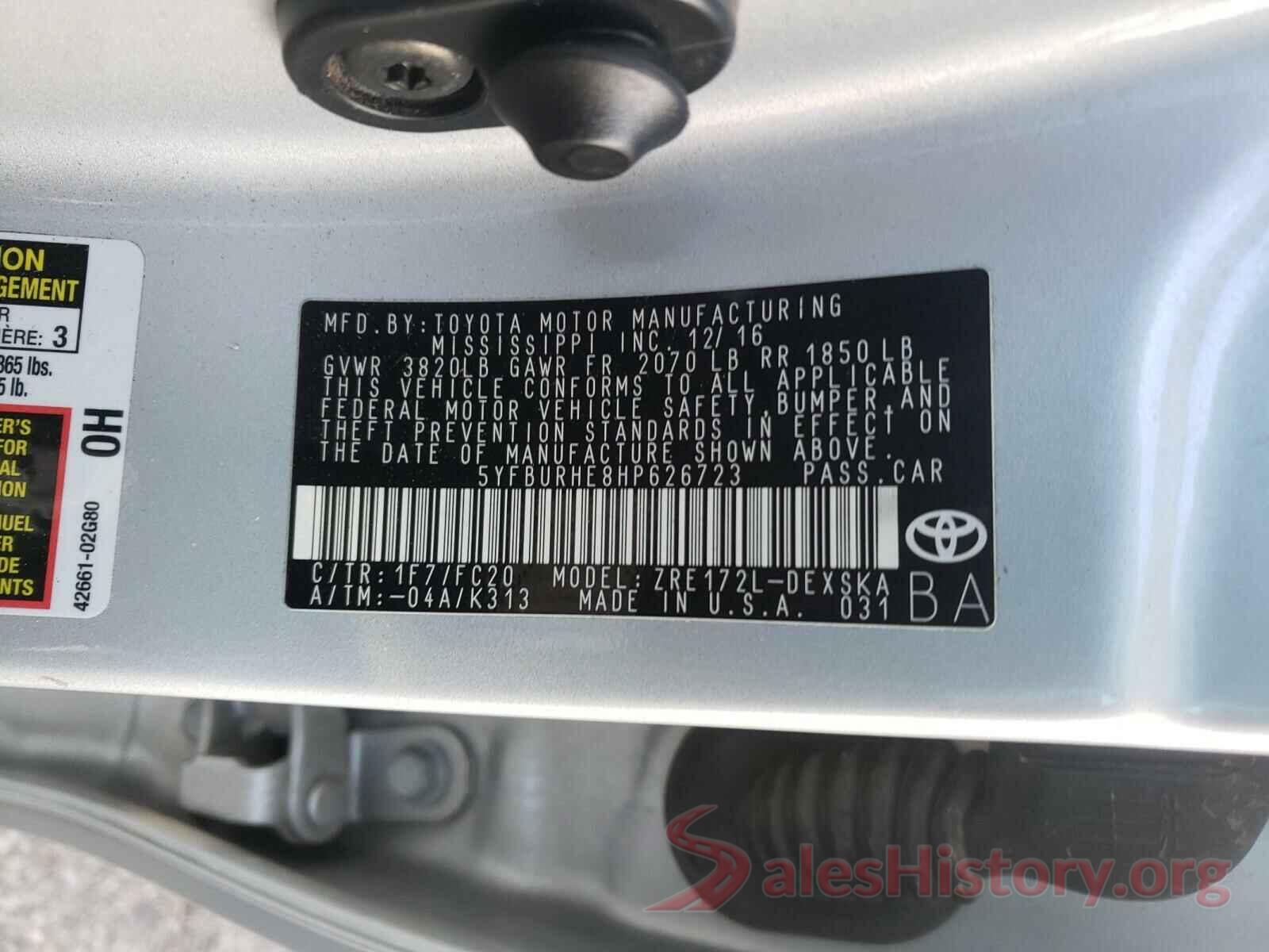 5YFBURHE8HP626723 2017 TOYOTA COROLLA