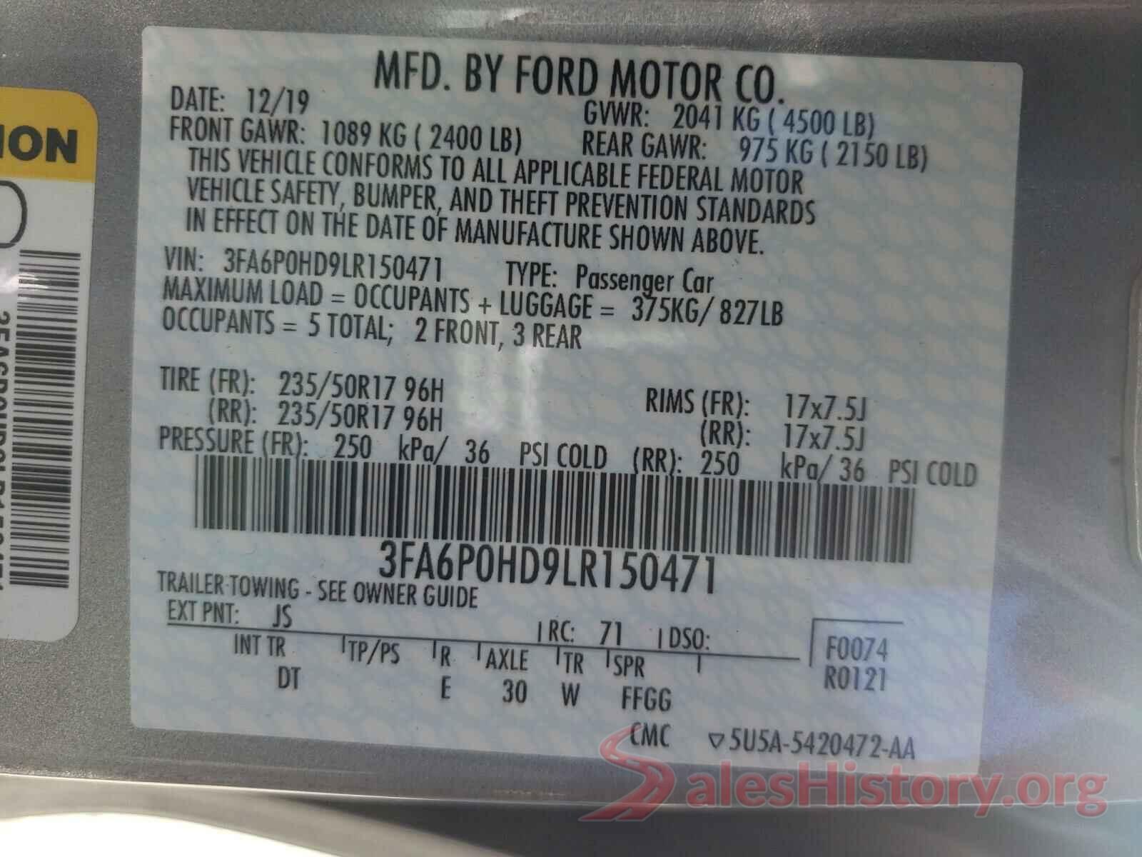 3FA6P0HD9LR150471 2020 FORD FUSION