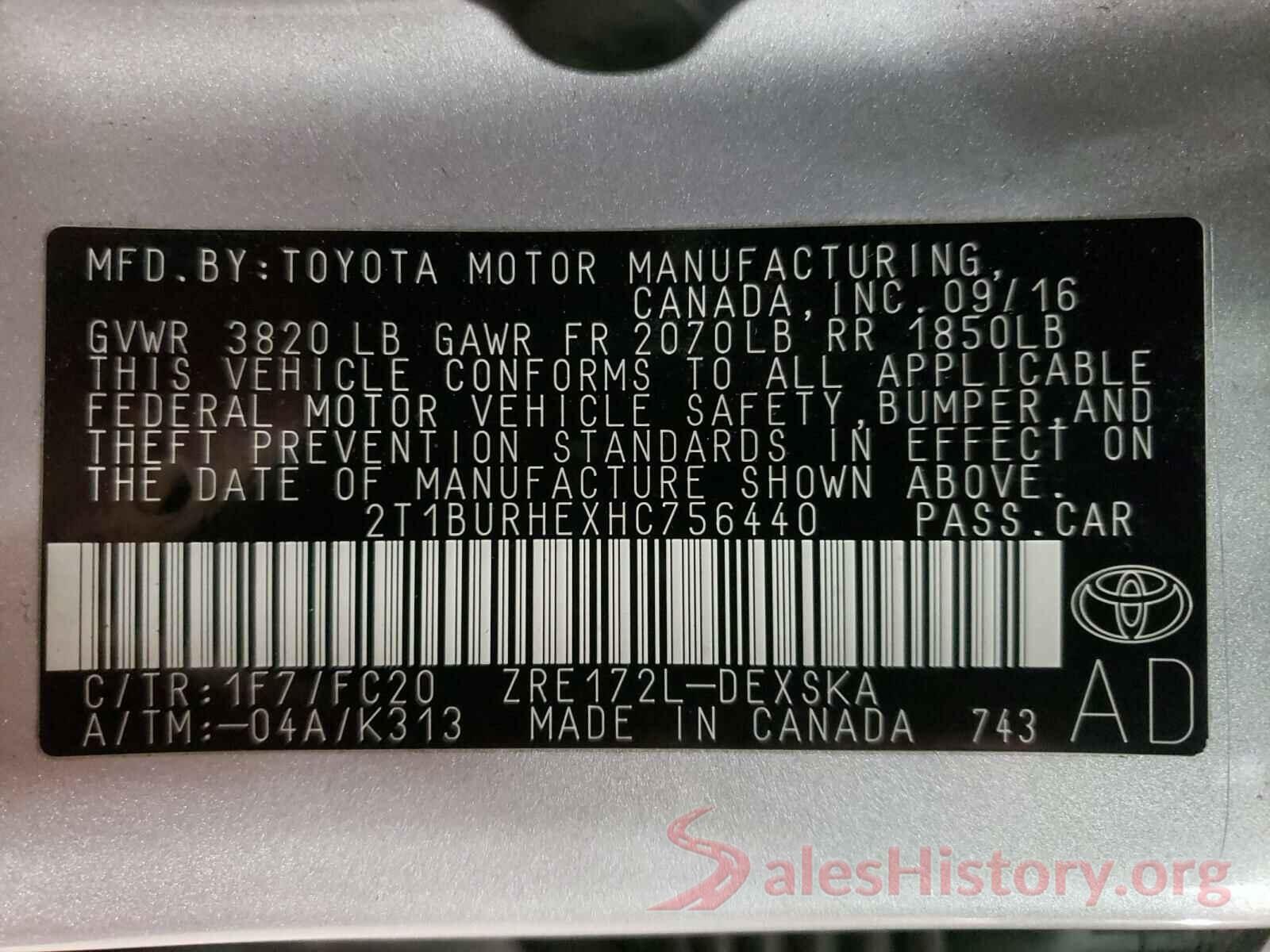 2T1BURHEXHC756440 2017 TOYOTA COROLLA