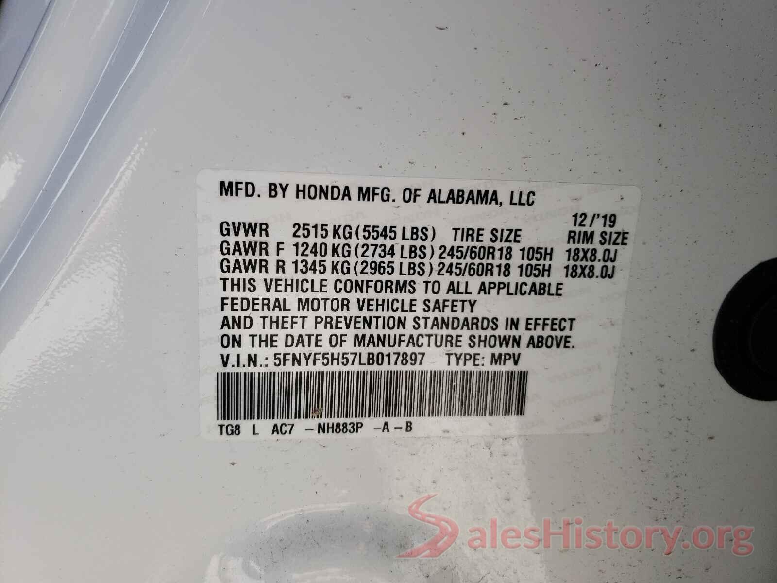 5FNYF5H57LB017897 2020 HONDA PILOT