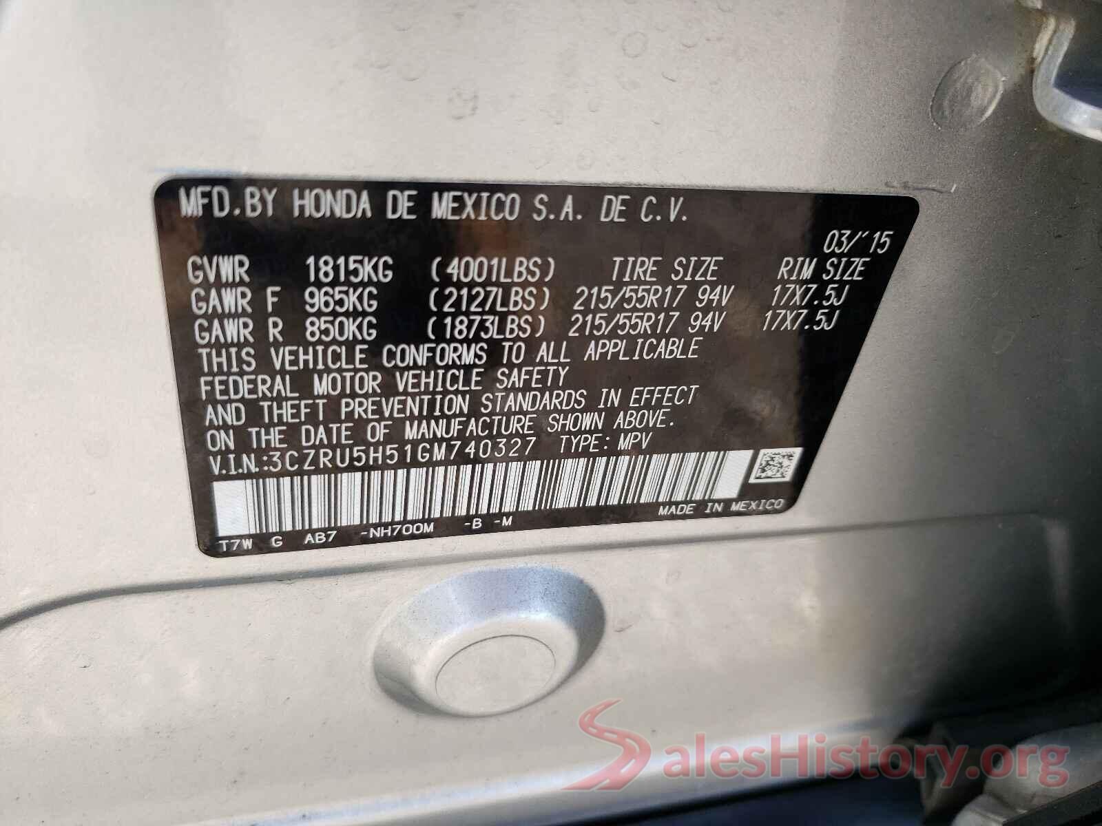 3CZRU5H51GM740327 2016 HONDA HR-V