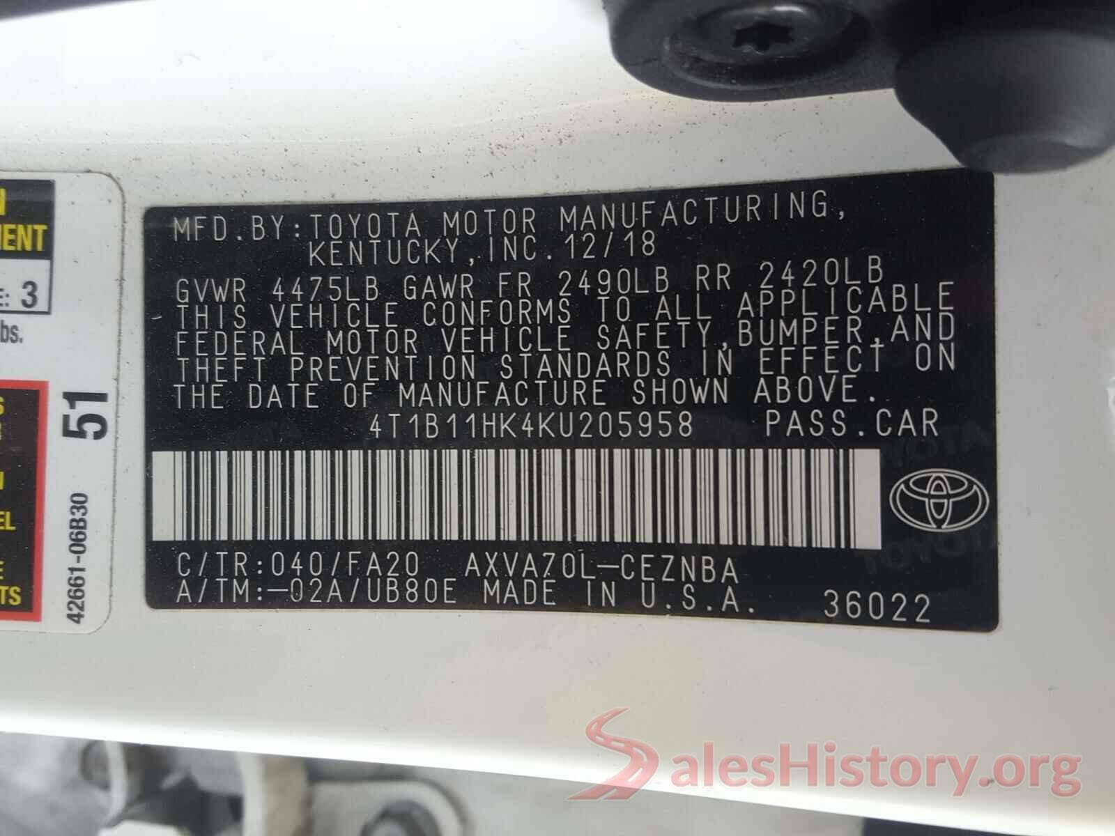 4T1B11HK4KU205958 2019 TOYOTA CAMRY