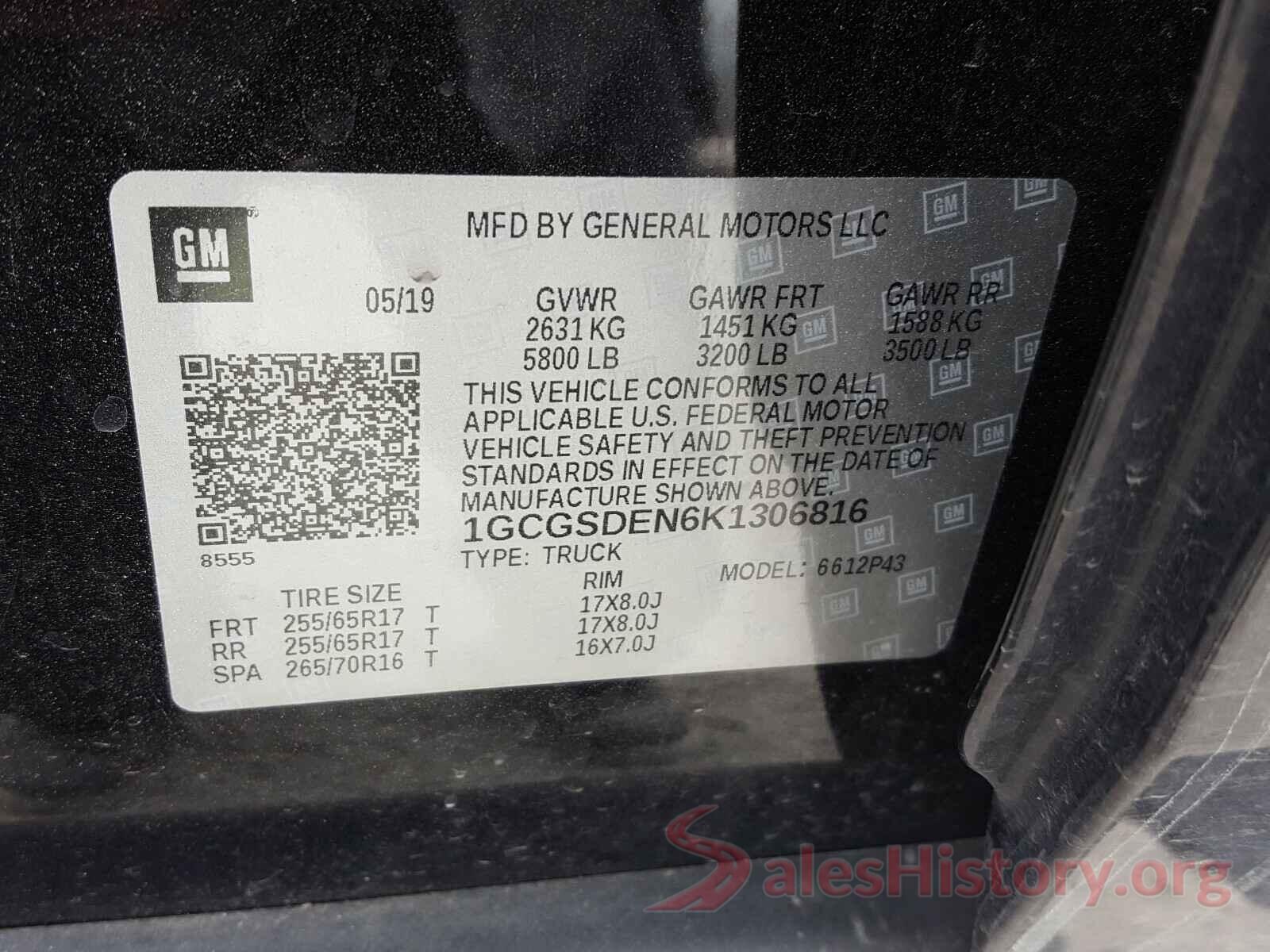 1GCGSDEN6K1306816 2019 CHEVROLET COLORADO