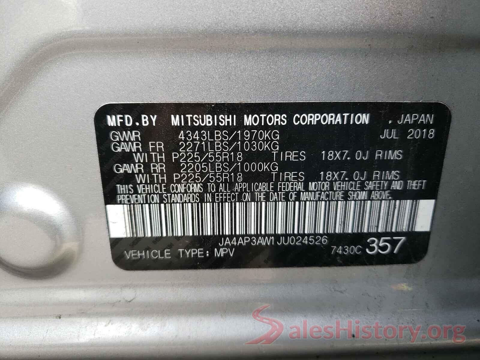 JA4AP3AW1JU024526 2018 MITSUBISHI OUTLANDER