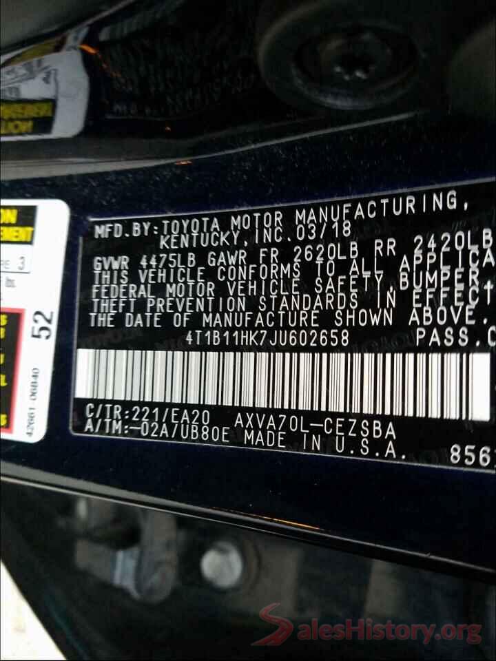 4T1B11HK7JU602658 2018 TOYOTA CAMRY