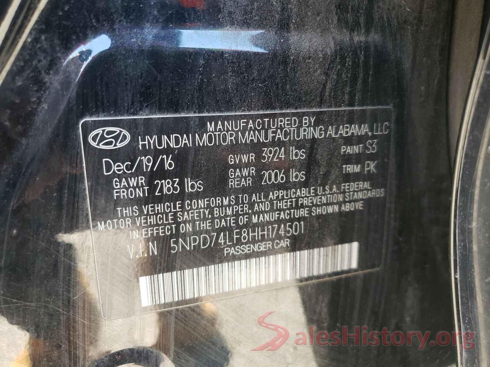 5NPD74LF8HH174501 2017 HYUNDAI ELANTRA