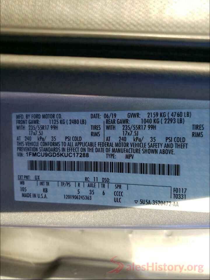 1FMCU9GD5KUC17288 2019 FORD ESCAPE