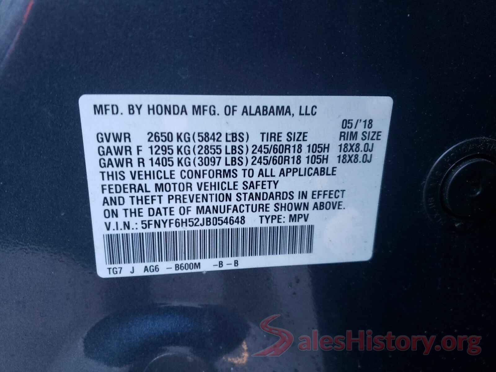 5FNYF6H52JB054648 2018 HONDA PILOT