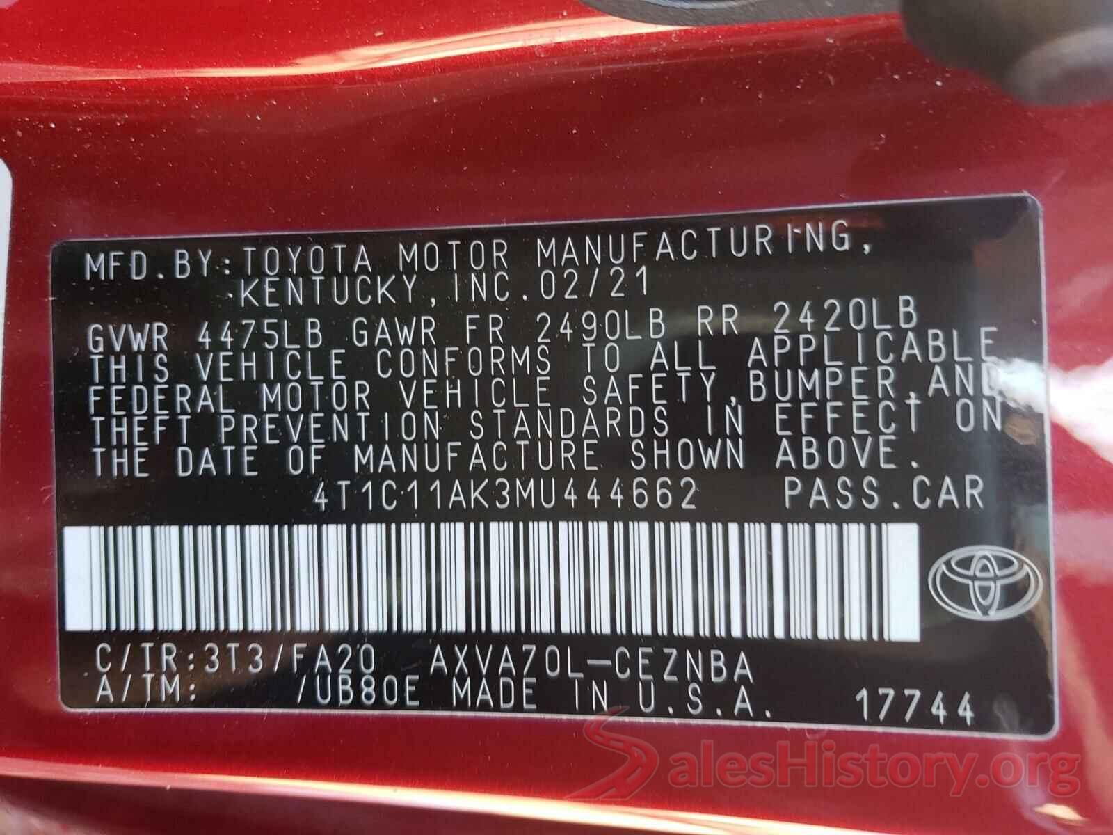 4T1C11AK3MU444662 2021 TOYOTA CAMRY