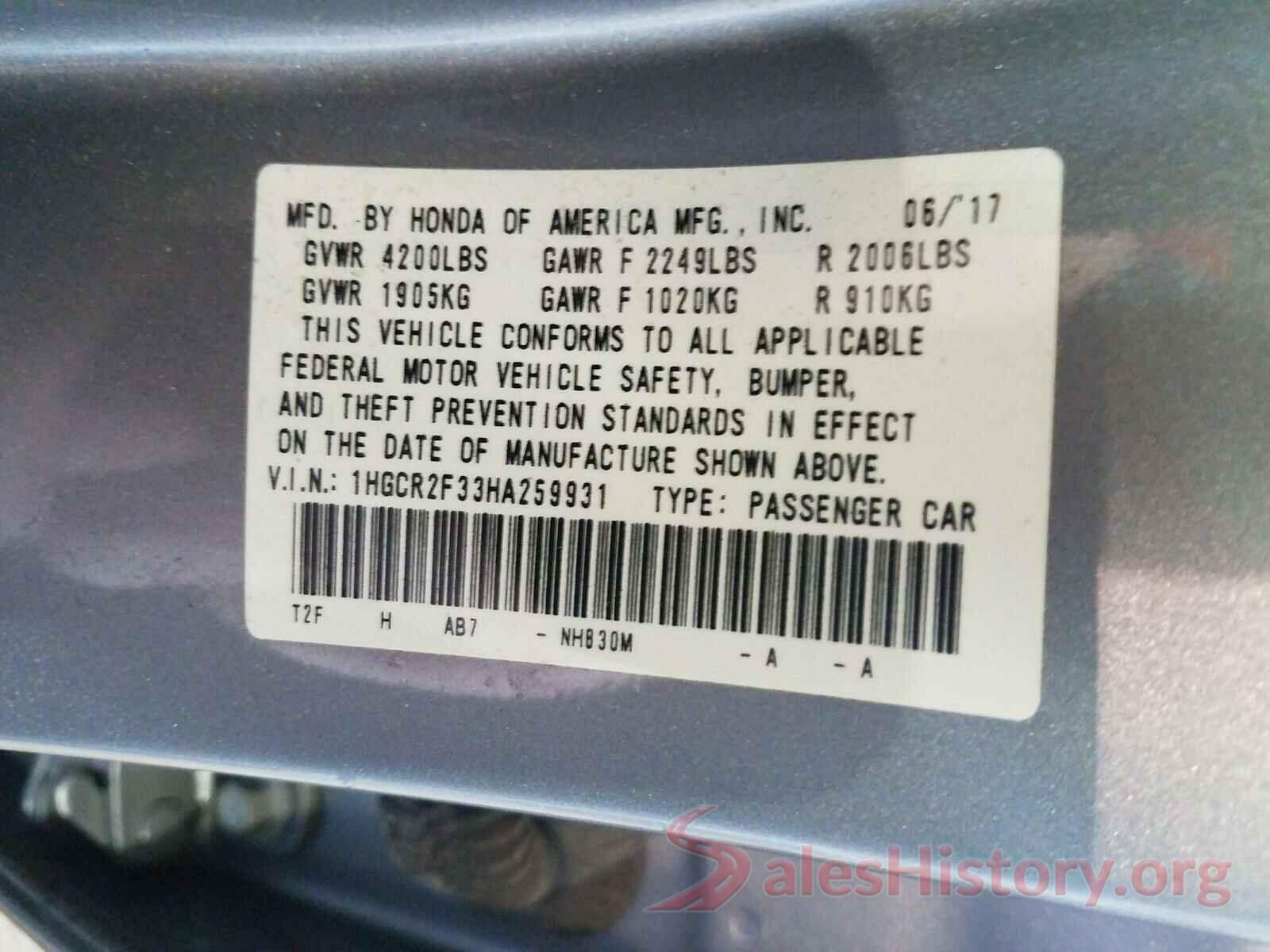 1HGCR2F33HA259931 2017 HONDA ACCORD