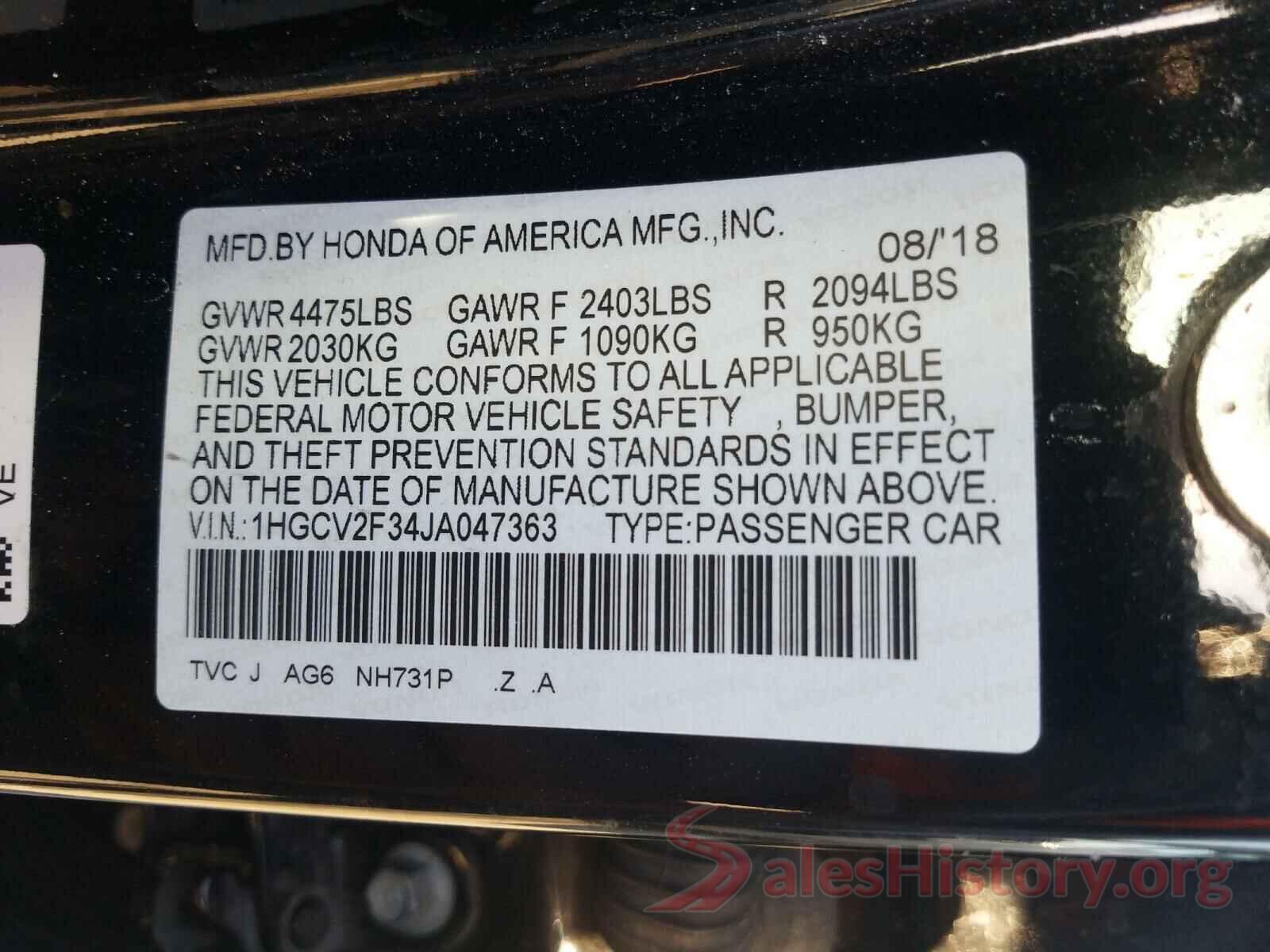 1HGCV2F34JA047363 2018 HONDA ACCORD