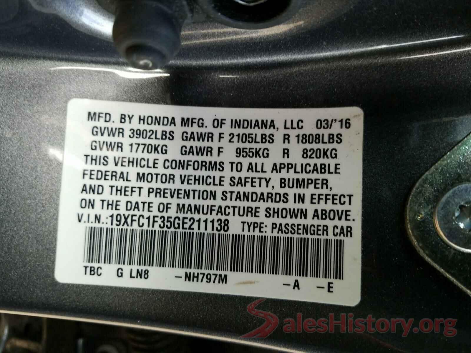 19XFC1F35GE211138 2016 HONDA CIVIC