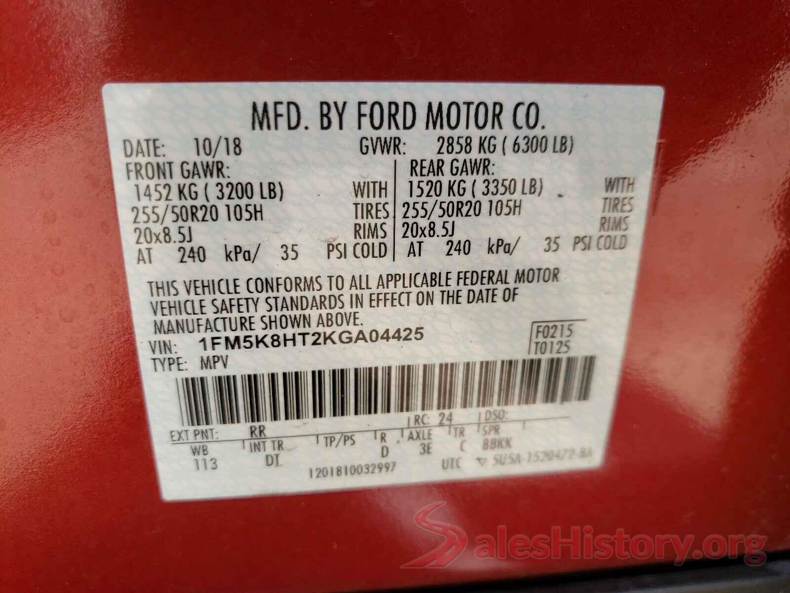 1FM5K8HT2KGA04425 2019 FORD EXPLORER