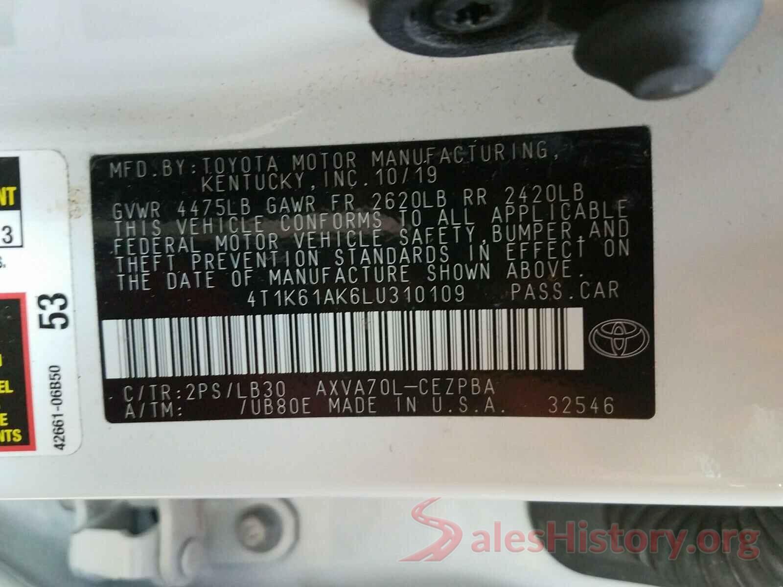 4T1K61AK6LU310109 2020 TOYOTA CAMRY