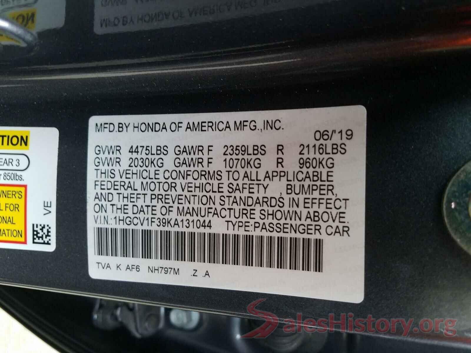 1HGCV1F39KA131044 2019 HONDA ACCORD