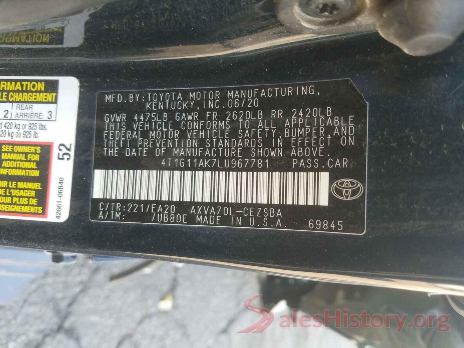 4T1G11AK7LU967781 2020 TOYOTA CAMRY