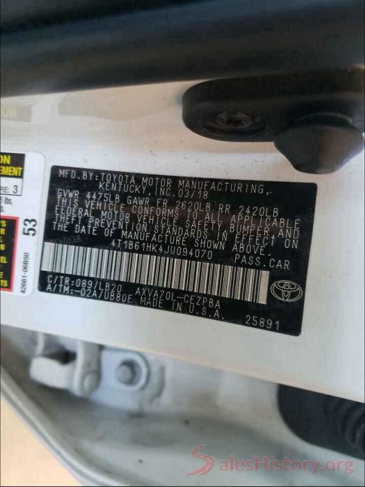 4T1B61HK4JU094070 2018 TOYOTA CAMRY