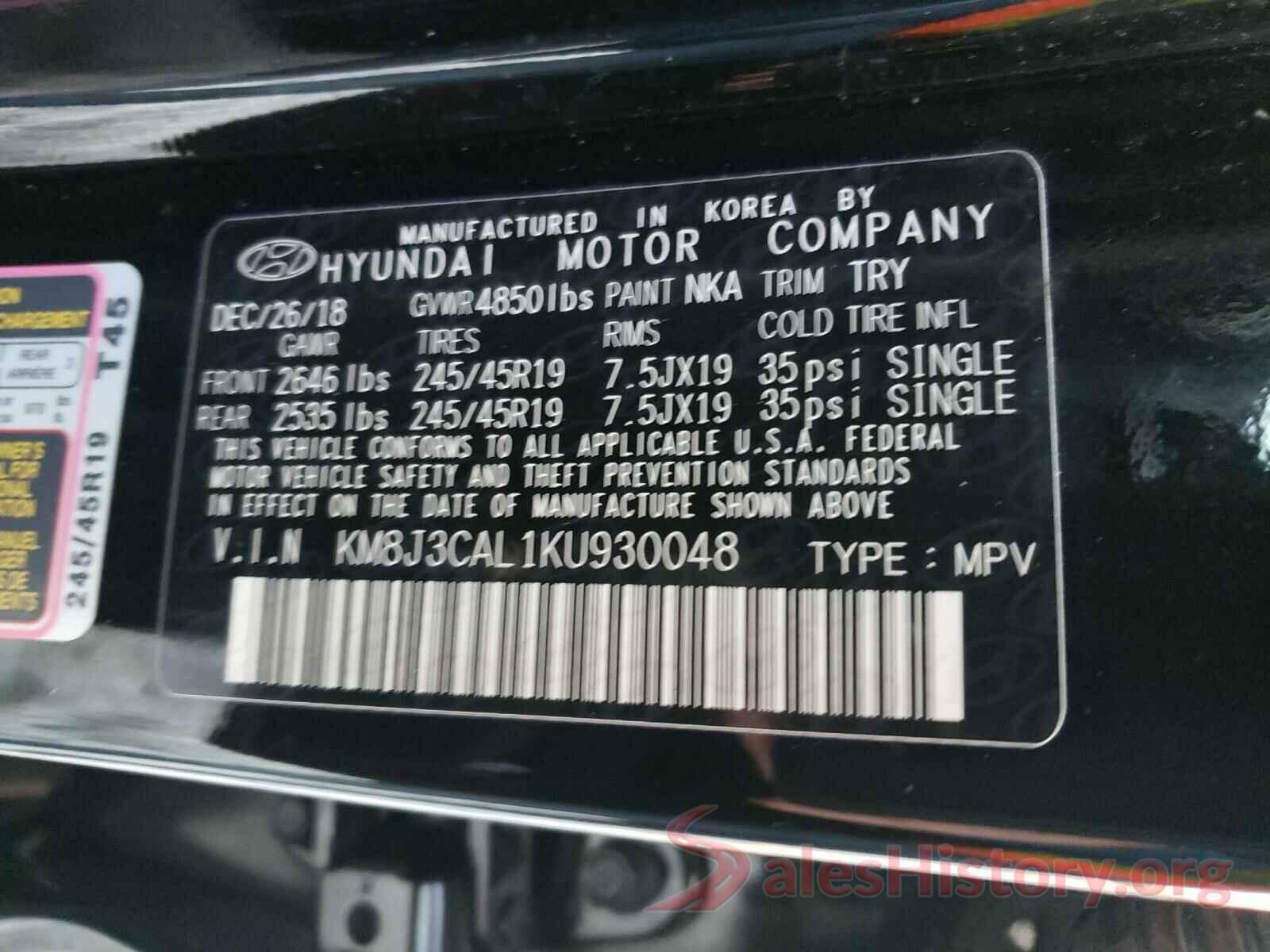 KM8J3CAL1KU930048 2019 HYUNDAI TUCSON