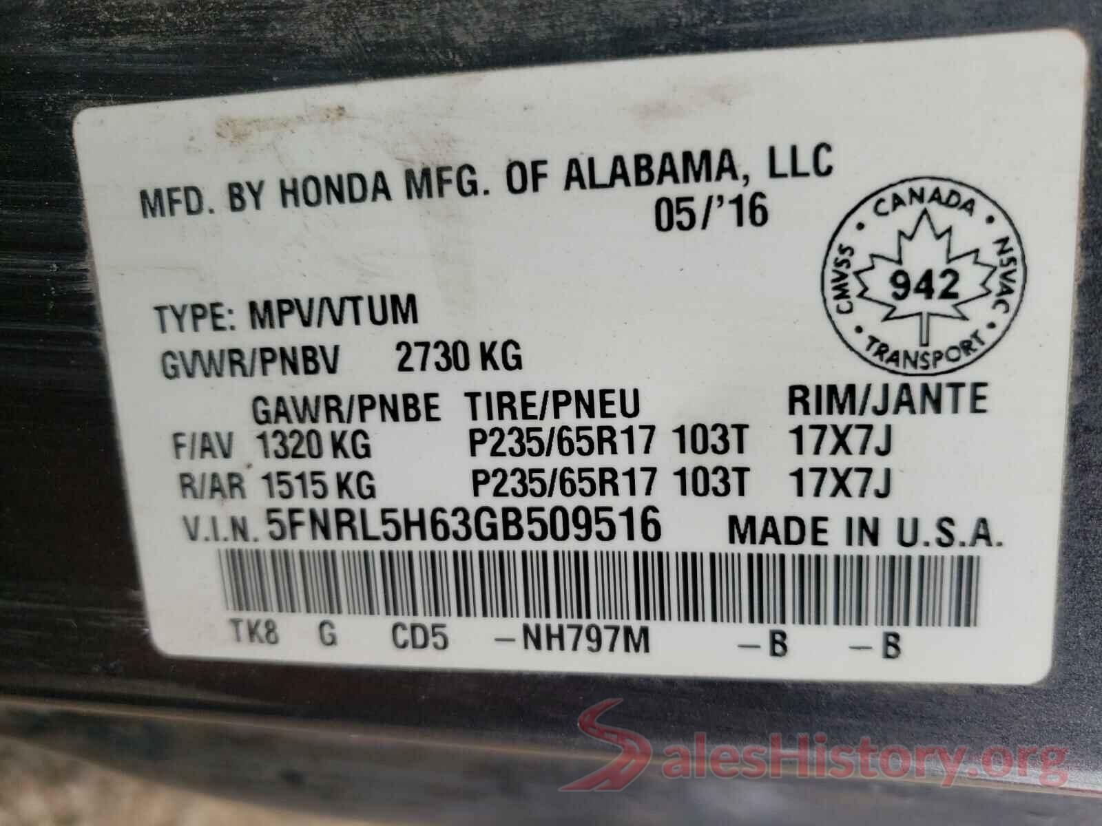 5FNRL5H63GB509516 2016 HONDA ODYSSEY