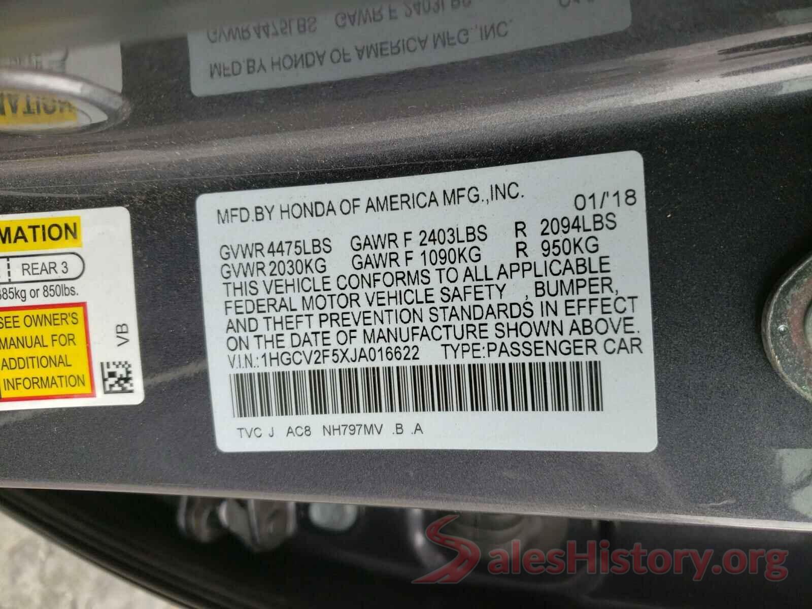 1HGCV2F5XJA016622 2018 HONDA ACCORD